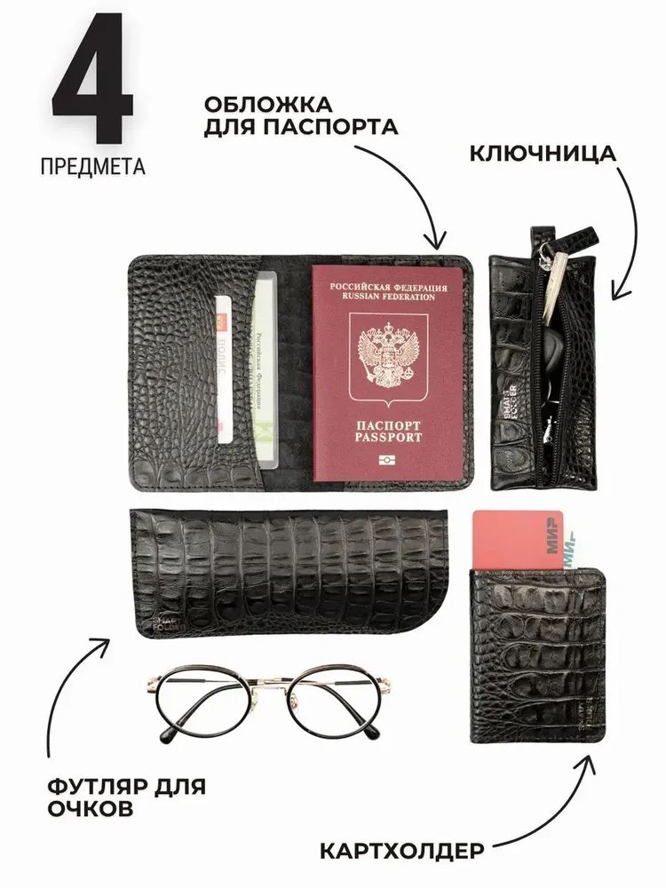Подарочный набор из 4 предметов: ключница карманная, картхолдер, футляр для очков и обложка на паспорт.