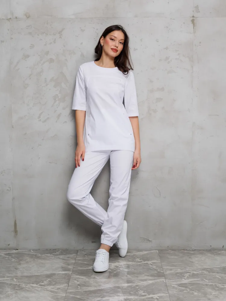 CAPRIZNAYA MODA Брюки медицинские женские белые стрейч на резинке