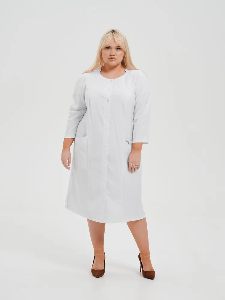 CAPRIZNAYA MODA Халат медицинский женский на кнопках белый короткий, рукав 3/4
