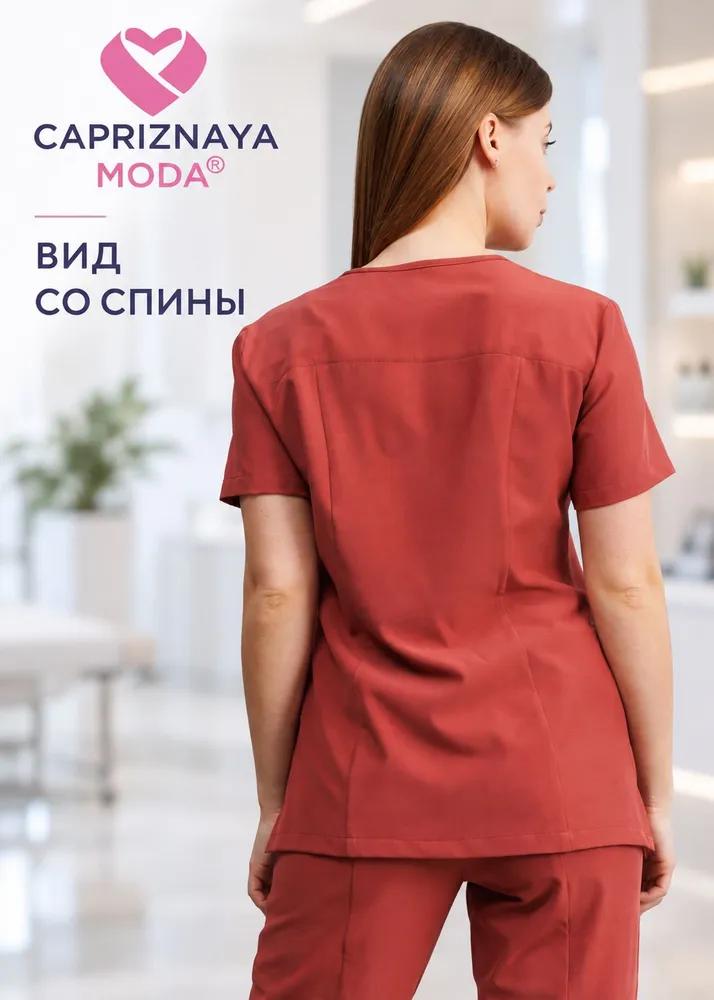 CAPRIZNAYA MODA Рубашка медицинская женская, хирургичка стрейч с коротким рукавом, терракотовый