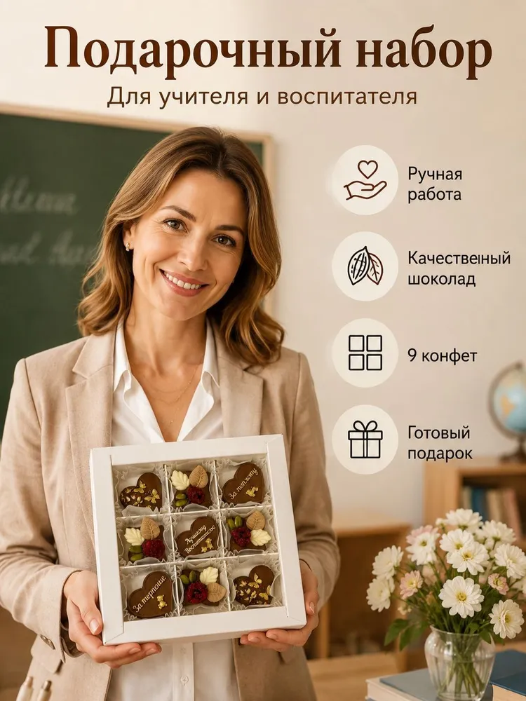 Подарочный набор шоколада ручной работы учителю и воспитателю, 9 конфет с орехами, подарок на 1 сентября, День учителя и День воспитателя
